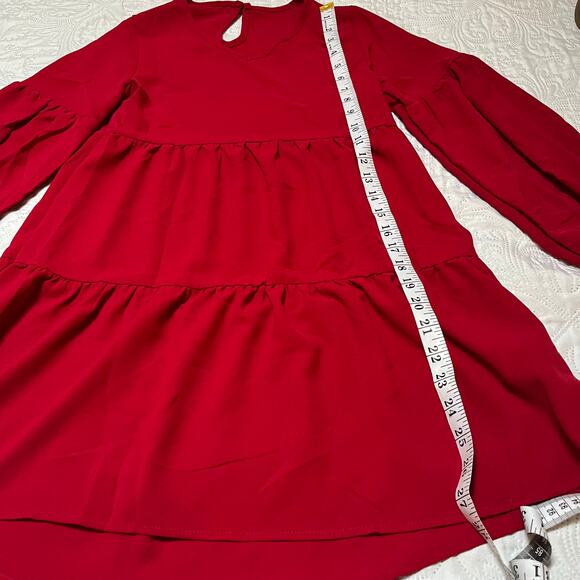 Tiered Long Sleeve Solid Red Dress - Picture 6 of 7